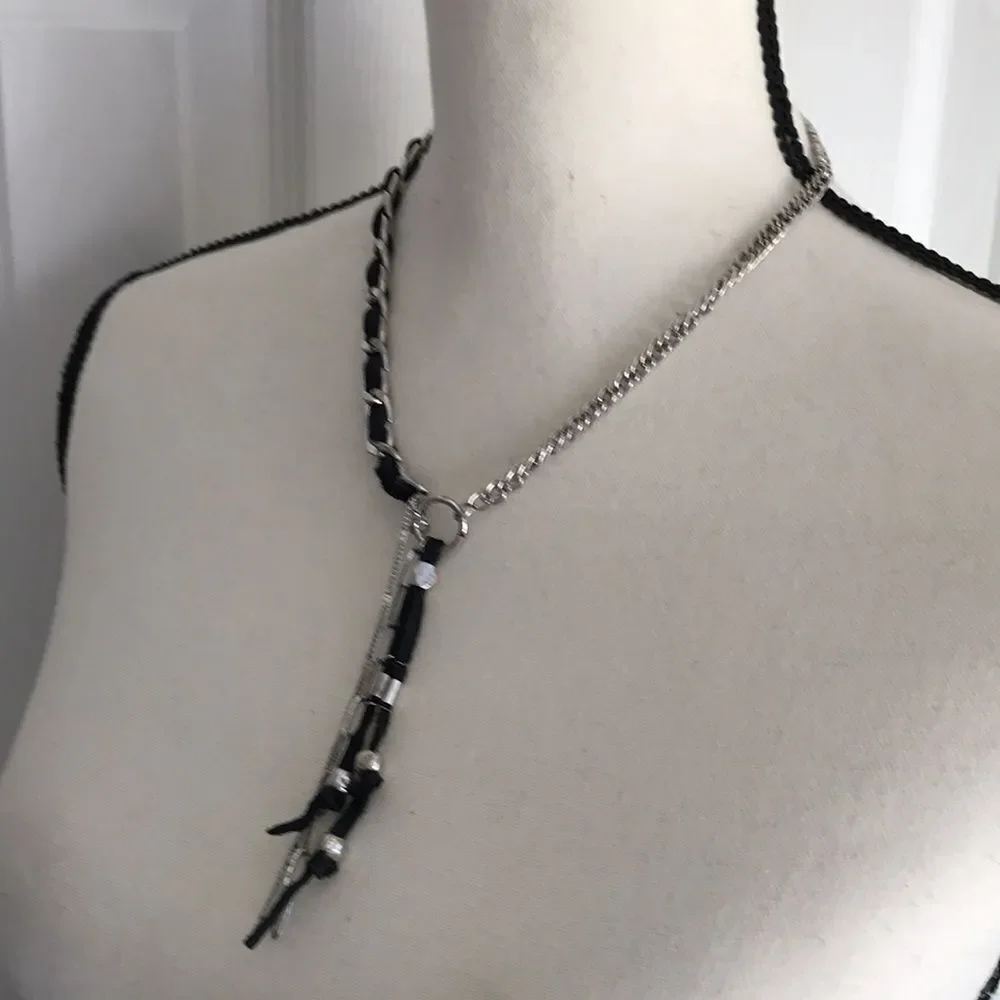 Free People Silver Tone and Black Leather Striped Necklace